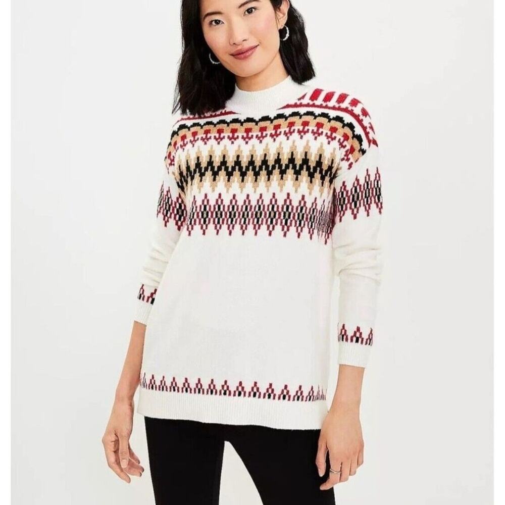 LOFT Womens S Fair Isle Mock Neck Tunic Sweater